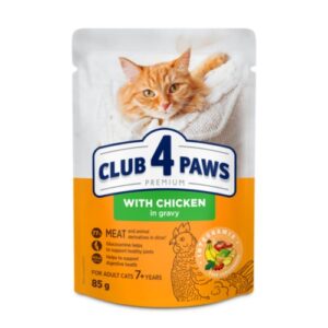 CLUB 4 PAWS PREMIUM SU VIŠTIENA PADAŽE. VISAVERTIS KONSERVUOTAS PAŠARAS  SUAUGUSIOMS  KATĖMS NUO 7 METŲ 24 x 0.85g.