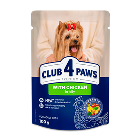 CLUB 4 PAWS PREMIUM "SU VIŠTIENA DREBUČIUOSE". PILNAVERTIS DRĖGNI PAŠARAI SUAUGUSIEMS ŠUNIMS 100g.x24vnt.