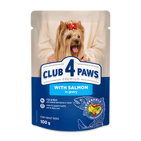 CLUB 4 PAWS PREMIUM SU LAŠIŠA PADAŽE. VISAVERTIS KONSERVUOTASPAŠARAS MINIATIŪRINIŲ IR MAŽŲ VEISLIŲ SUAUGUSIEMS ŠUNIMS 100g.x24vnt.
