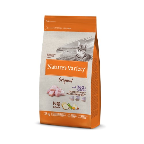 Nature’s Variety No Grain Sterilized Cat su kalakutiena – sausas maistas sterilizuotoms katėms, 1,25 kg
