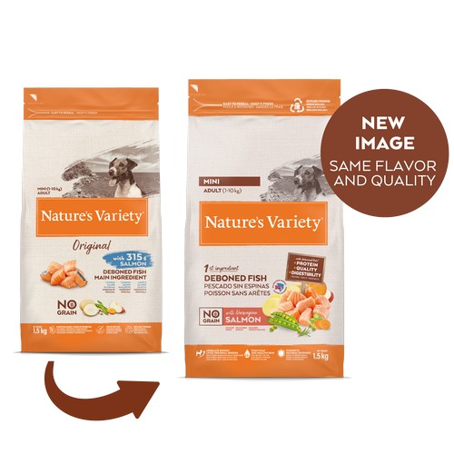 Nature’s Variety No Grain Adult Mini su lašiša – sausas maistas mažų veislių šunims, 1,5 kg