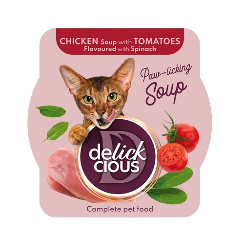 Delickcious™ skystas skanėstas katėms – vištienos sriuba su pomidorais ir špinatais