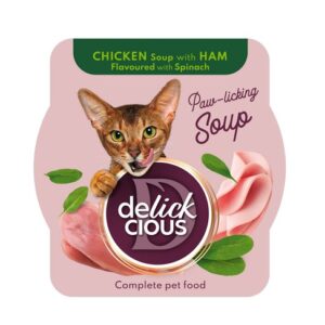 Delickcious™ skystas skanėstas katėms – vištienos sriuba su kumpiu ir špinatais