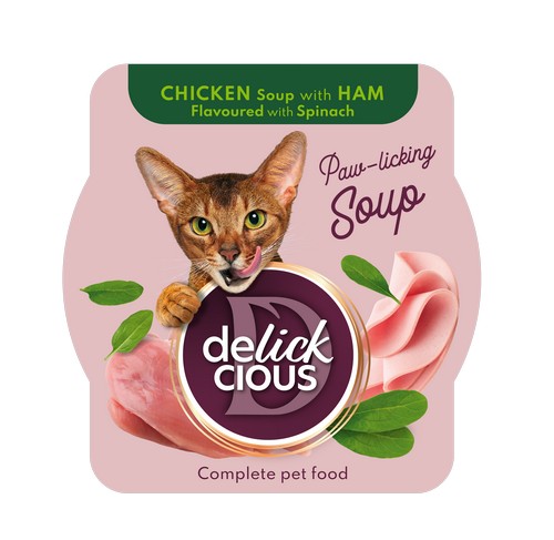 Delickcious™ skystas skanėstas katėms – vištienos sriuba su kumpiu ir špinatais