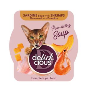 Delickcious™ skystas skanėstas katėms – sriuba su sardinėmis, krevetėmis ir moliūgu
