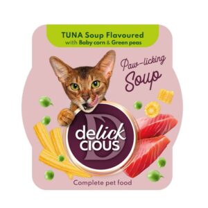 Delickcious™ skystas skanėstas katėms – tuno sriuba su mini kukurūzais ir žirneliais