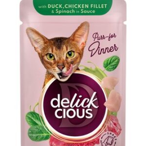 Delickcious™ gabaliukai padaže katėms – antiena, vištienos filė ir špinatai (konservai)