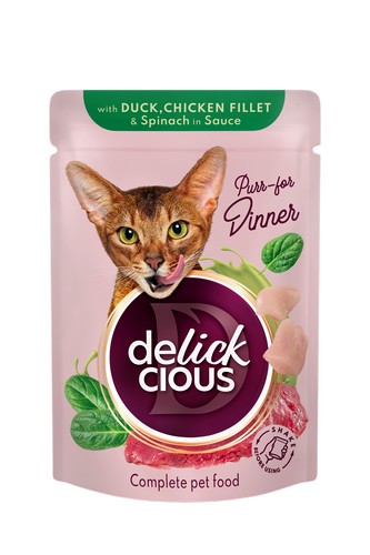 Delickcious™ gabaliukai padaže katėms – antiena, vištienos filė ir špinatai (konservai)
