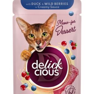 Delickcious™ dribsniai kreminiame padaže katėms – antiena ir miško uogos (konservai)