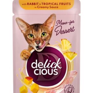 Delickcious™ dribsniai kreminiame padaže katėms – triušiena ir tropiniai vaisiai (konservai)