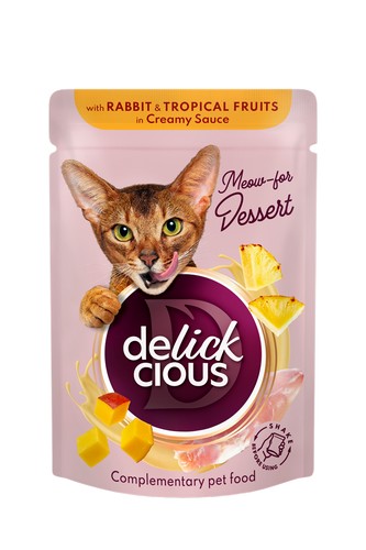 Delickcious™ dribsniai kreminiame padaže katėms – triušiena ir tropiniai vaisiai (konservai)