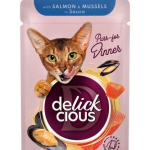 Delickcious™ gabaliukai padaže katėms – lašiša ir midijos (konservai)