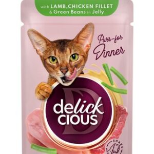 Delickcious™ gabaliukai drebučiuose katėms – ėriena, vištienos filė ir šparaginės pupelės (konservai)