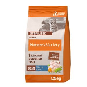 Nature’s Variety Healthy Grains Sterilized Cat su balta žuvimi – sausas maistas sterilizuotoms katėms, 1,25 kg