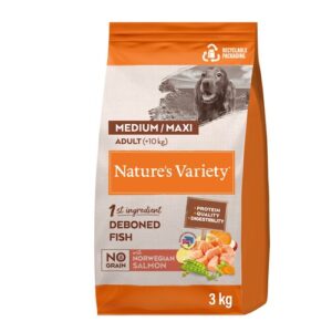 Nature’s Variety No Grain Adult Medium/Maxi su lašiša – sausas maistas vidutinių ir didelių veislių šunims, 3 kg