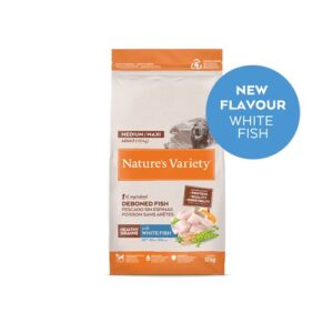 Nature’s Variety Healthy Grain Adult Medium/Maxi su baltąja žuvimi – sausas maistas vidutinių ir didelių veislių šunims, 12 kg
