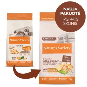 Nature’s Variety No Grain Sterilized Cat su vištiena – sausas maistas sterilizuotoms katėms, 7 kg