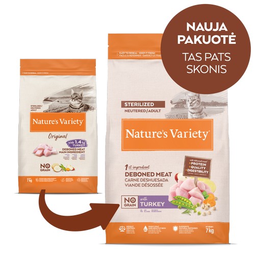 Nature’s Variety No Grain Sterilized Cat su kalakutiena – sausas maistas sterilizuotoms katėms, 7 kg