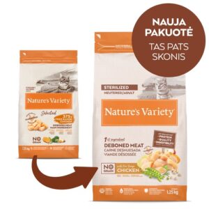 Nature’s Variety No Grain Sterilized Cat su vištiena – sausas maistas sterilizuotoms katėms, 1,25 kg