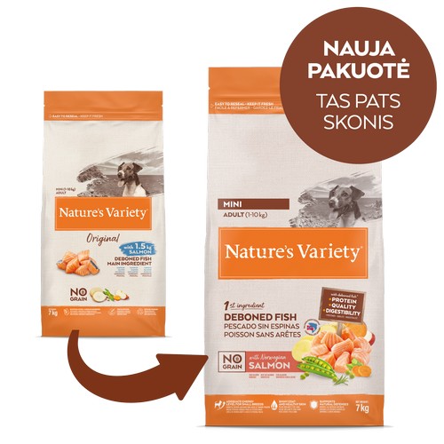 Nature’s Variety No Grain Adult Mini su lašiša – sausas maistas mažų veislių šunims, 7 kg