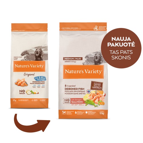 Nature’s Variety No Grain Adult Medium/Maxi su lašiša – sausas maistas vidutinių ir didelių veislių šunims, 12 kg