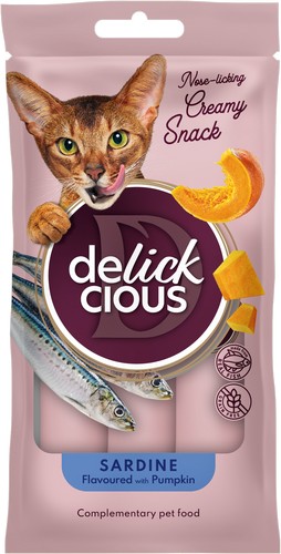Delickcious™ kreminiai skanėstai katėms – sardinės su moliūgu (4 × 15 g, 60 g)