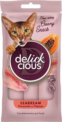 Delickcious™ kreminiai skanėstai katėms – dorada su papaja (4 × 15 g, 60 g)