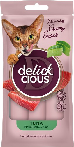 Delickcious™ kreminiai skanėstai katėms – tunas su alaviju (4 × 15 g, 60 g)
