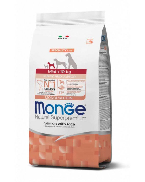 Monge spec.line monoprotein mini Puppy sausas pašaras mažų veislių jauniems šuniukams su lašiša ir ryžiais 7,5kg