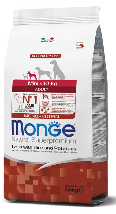 Monge Dry Dog Spec. Line - mažų veislių suaugusiems šunims su ėriena, ryžiais ir bulvėmis 0,8 kg