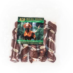 Real Dog SNACKS Žaliaminės odos ritinys su ėriena 18-20cm 500g
