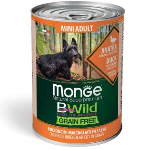 Monge Bwild mini adult konservuotas pašaras su antiena, moliūgais ir cukinijomis 400g