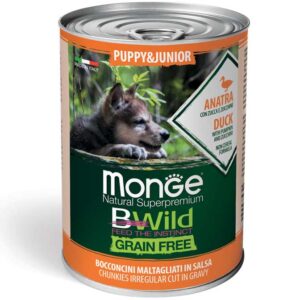 Monge BWild puppy konservuotas pašaras su antiena, moliūgais ir cukinijomis 400g
