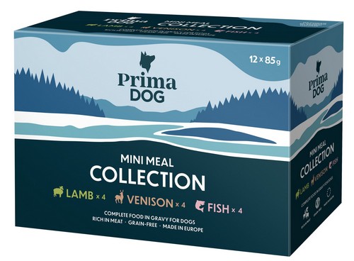 PrimaDog Mini Assortment 12 x 85 g – ėriena, stirniena, žuvis